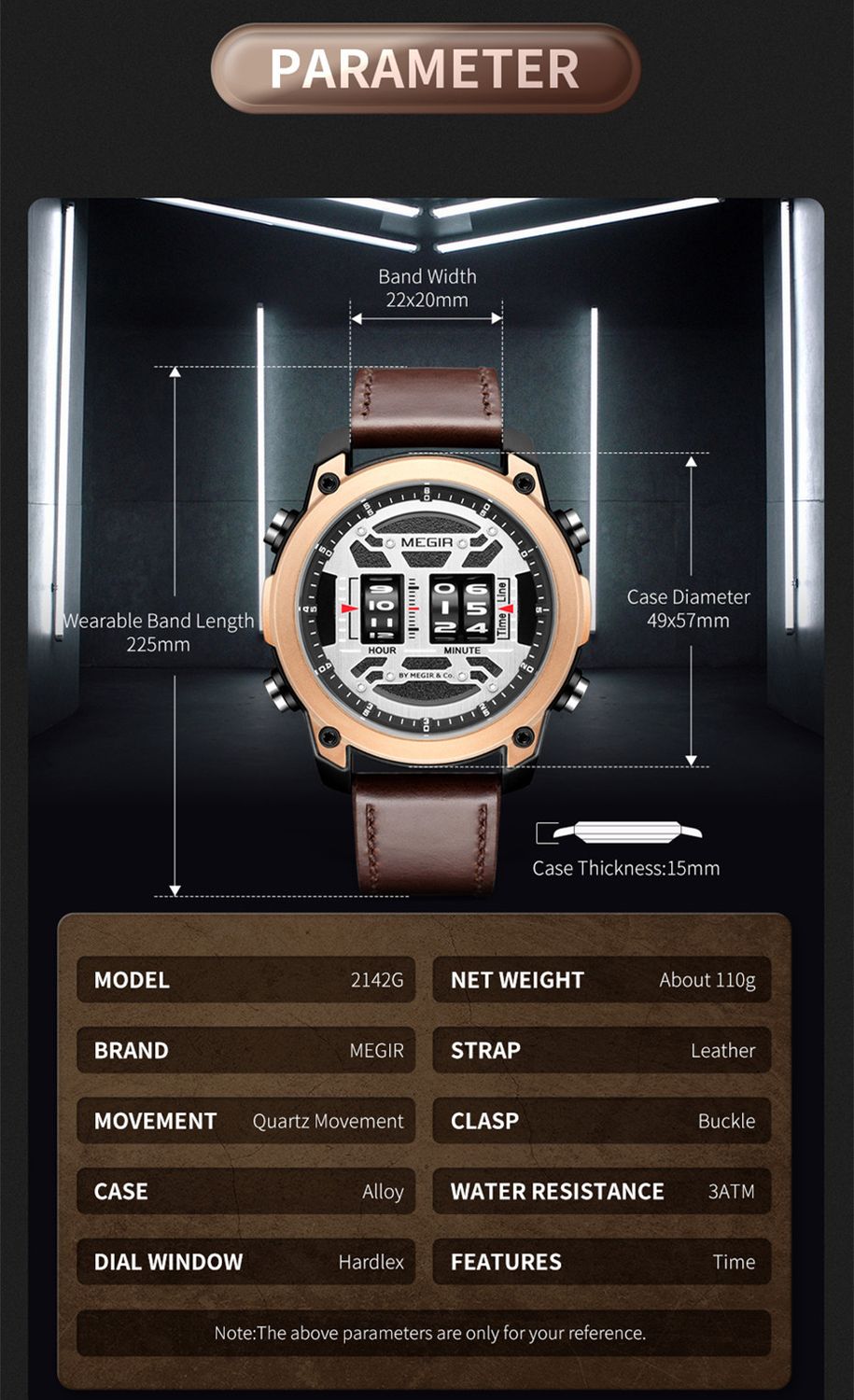 MEGIR 2142 men's sport watch parameters graphic with band width, case diameter and thickness