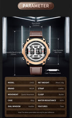 MEGIR 2142 men's sport watch parameters graphic with band width, case diameter and thickness