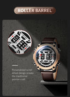 MEGIR 2142 men's sport watch feature graphic showing the roller-barrel scroll-wheel hour and minute display