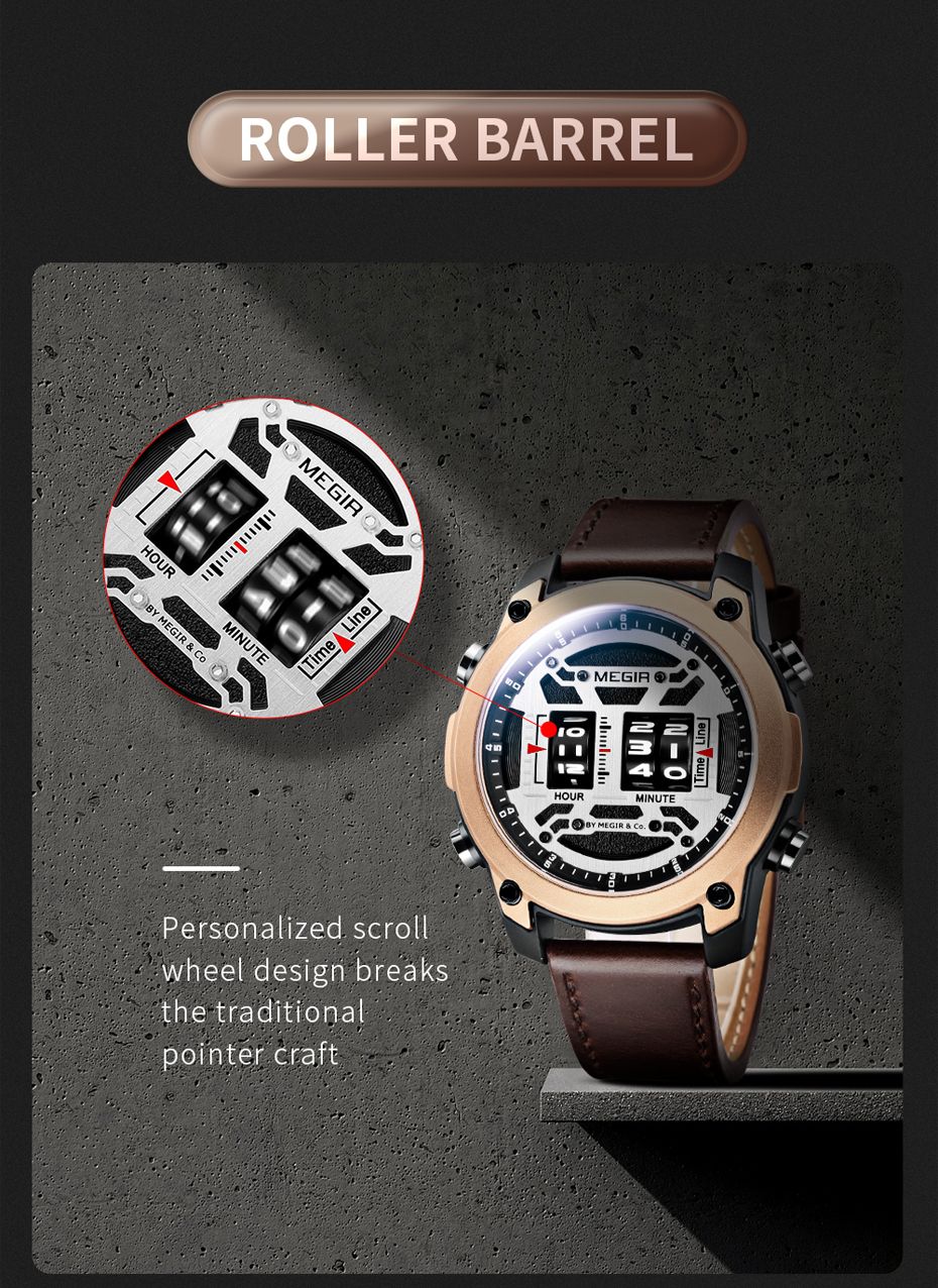 MEGIR 2142 men's sport watch feature graphic showing the roller-barrel scroll-wheel hour and minute display