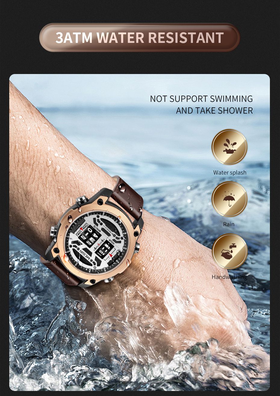 MEGIR 2142 men's sport watch water-resistance graphic noting splash, rain and handwashing only