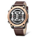 MEGIR 2142 men's sport watch, rose-gold case with white roller-barrel dial and brown leather strap, front view