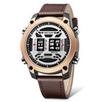 MEGIR 2142 men's sport watch, rose-gold case with white roller-barrel dial and brown leather strap, front view