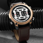 MEGIR 2142 men's sport watch, rose-gold case with white roller-barrel dial and brown leather strap, angled view