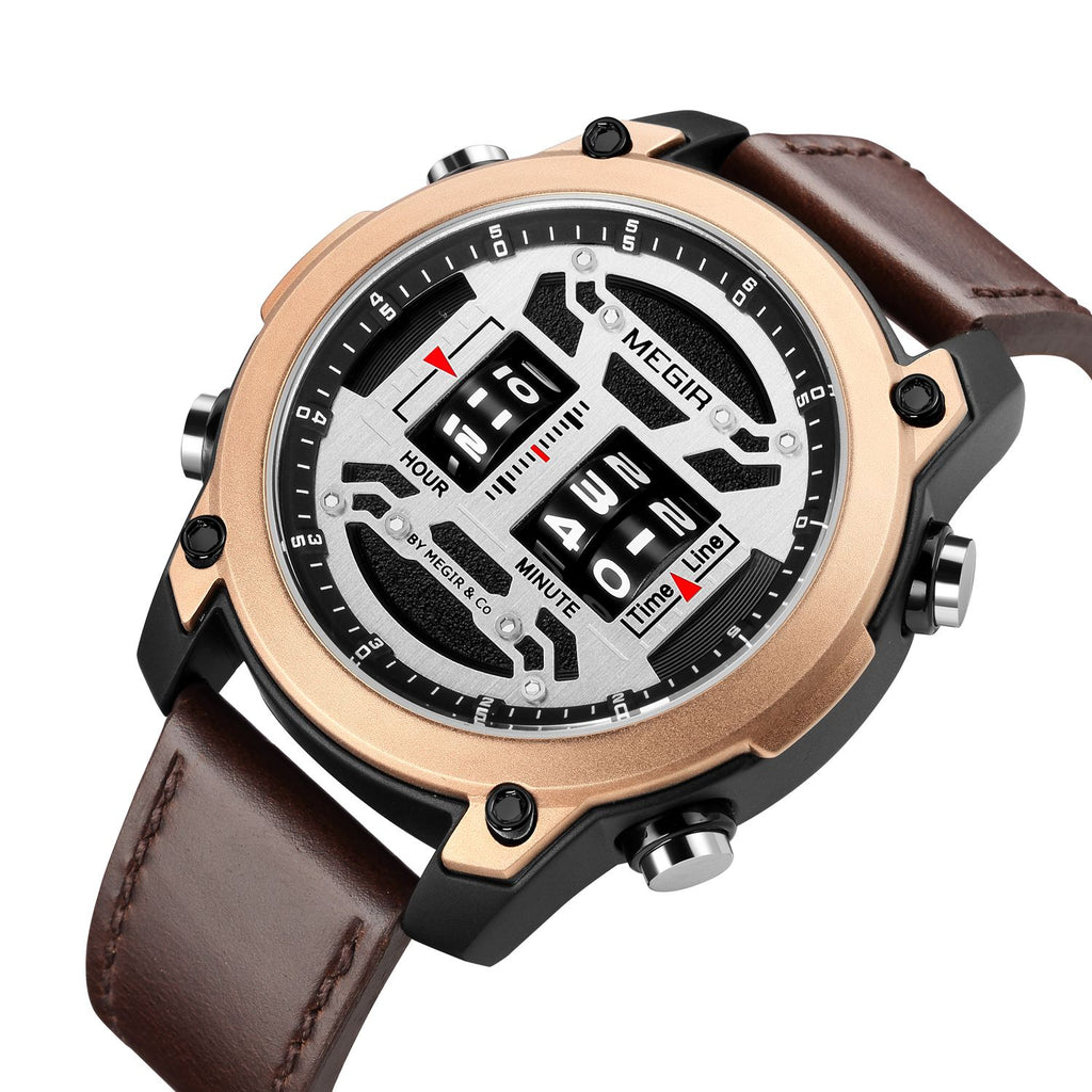MEGIR 2142 men's sport watch, rose-gold case with white roller-barrel dial and brown leather strap, three-quarter view