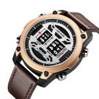 MEGIR 2142 men's sport watch, rose-gold case with white roller-barrel dial and brown leather strap, three-quarter view