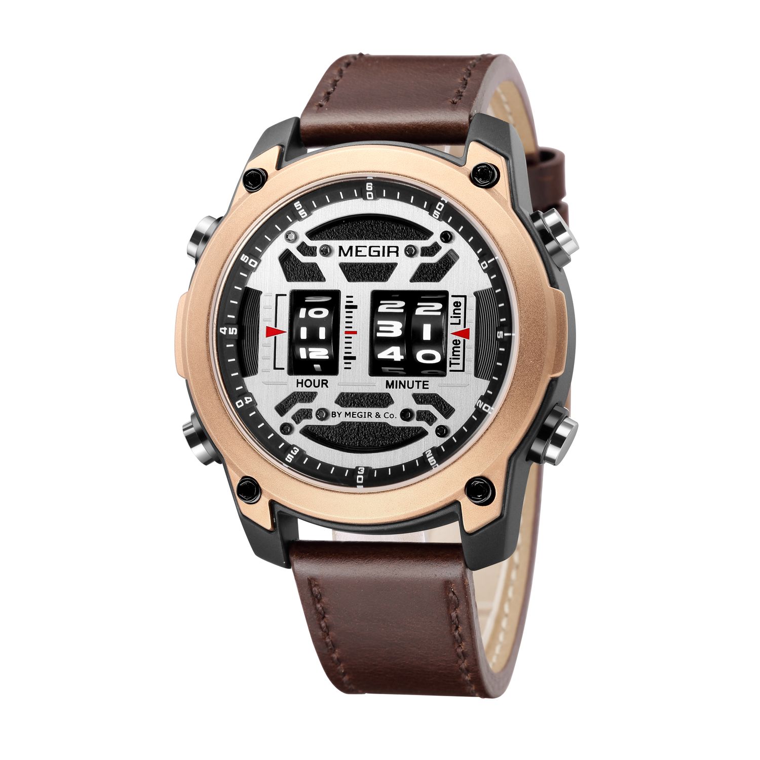 MEGIR 2142 men's sport watch, rose-gold case with white roller-barrel dial and brown leather strap, side angle view