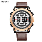 MEGIR 2142 men's sport watch, rose-gold case with white roller-barrel dial and brown leather strap, front studio view