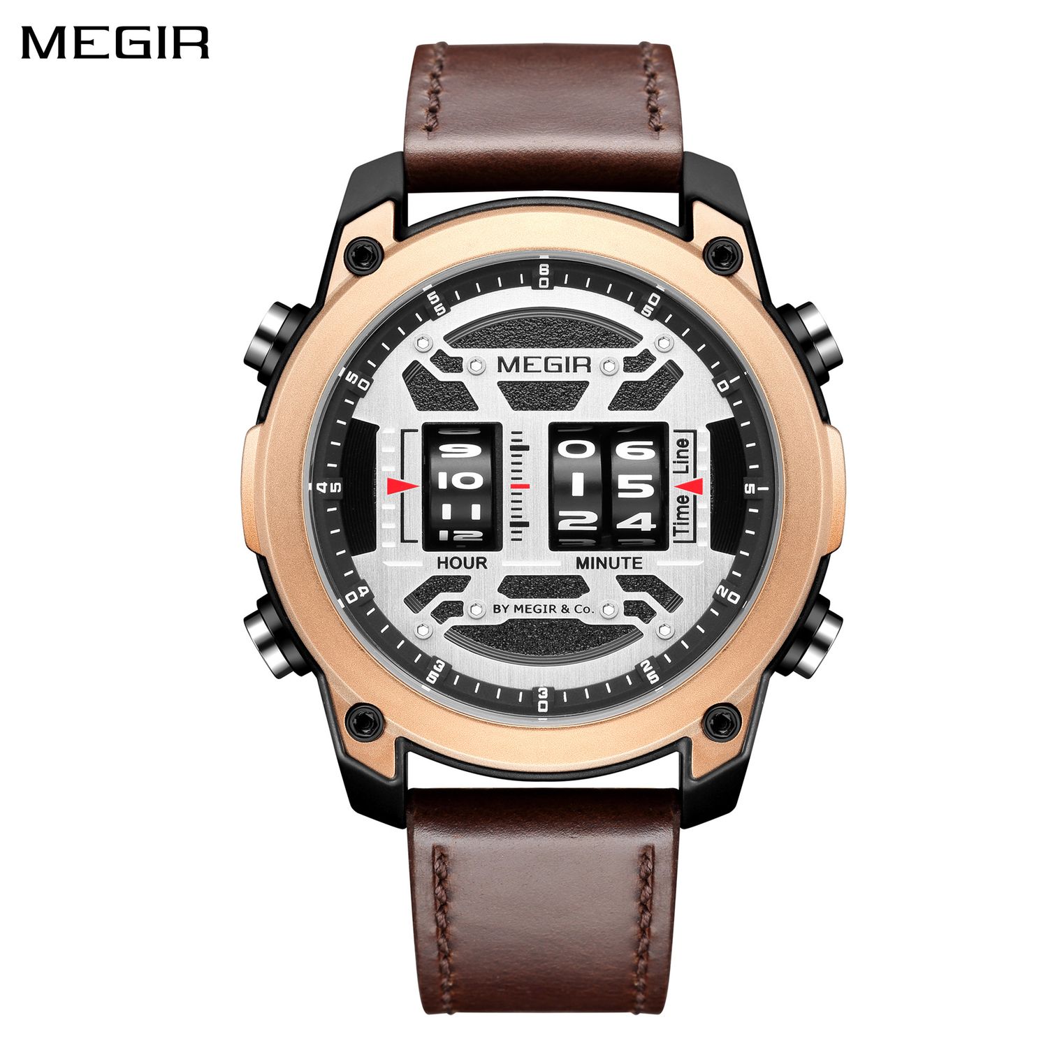 MEGIR 2142 men's sport watch, rose-gold case with white roller-barrel dial and brown leather strap, front studio view