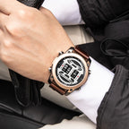 MEGIR 2142 men's sport watch on the wrist, rose-gold case with white roller-barrel dial and brown leather strap