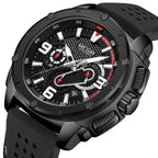 MEGIR 2147 men's chronograph watch, black case with black dial and black silicone strap, angled view