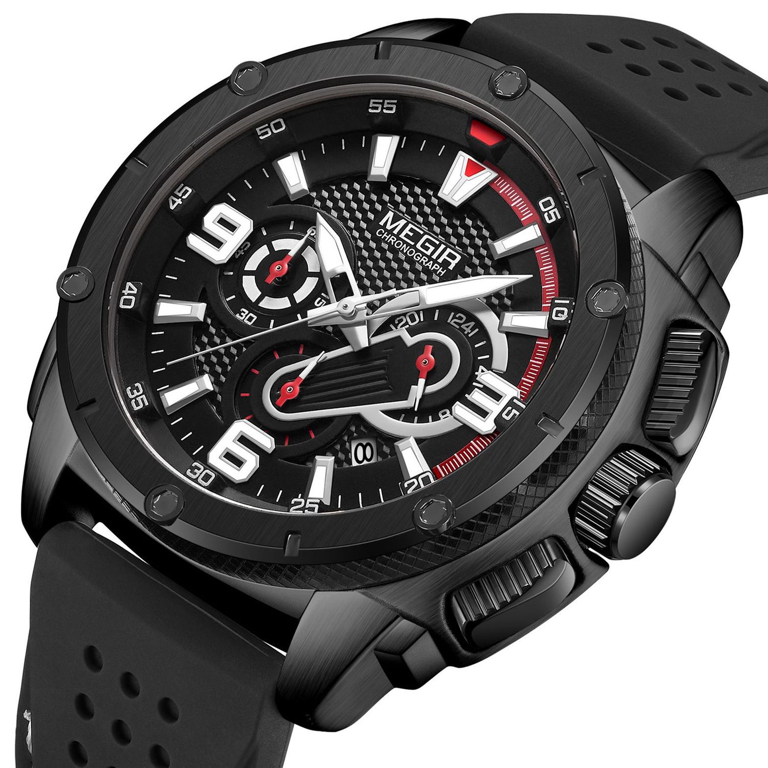 MEGIR 2147 men's chronograph watch, black case with black dial and black silicone strap, angled view