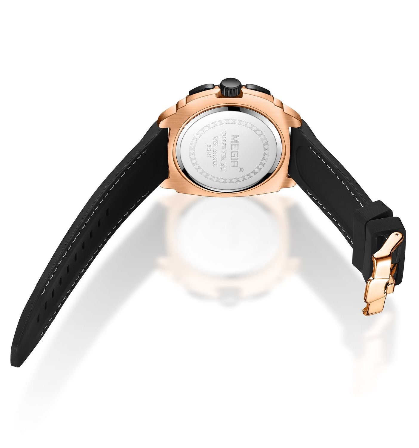 MEGIR 2147 men's chronograph watch caseback with engravings and black silicone strap with buckle