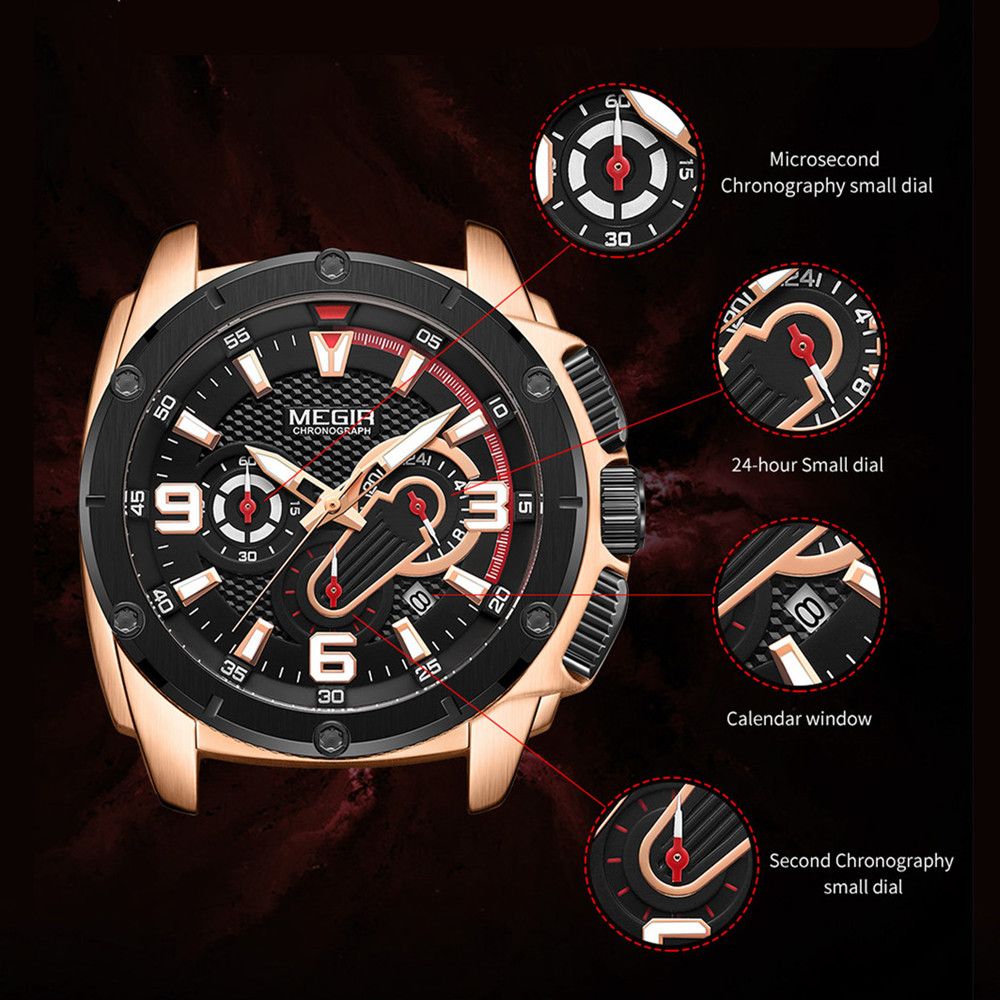 MEGIR 2147 men's chronograph watch feature graphic explaining the microsecond, second, 24-hour sub-dials and calendar