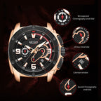 MEGIR 2147 men's chronograph watch feature graphic explaining the microsecond, second, 24-hour sub-dials and calendar