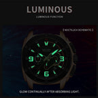MEGIR 2147 men's chronograph watch feature graphic showing luminous hands and numerals glowing in the dark