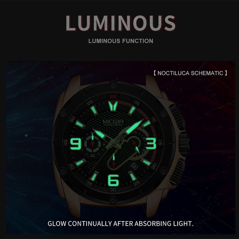 MEGIR 2147 men's chronograph watch feature graphic showing luminous hands and numerals glowing in the dark