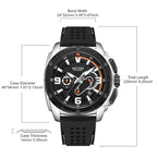 MEGIR 2147 men's chronograph watch parameters graphic with case diameter, band width and total length