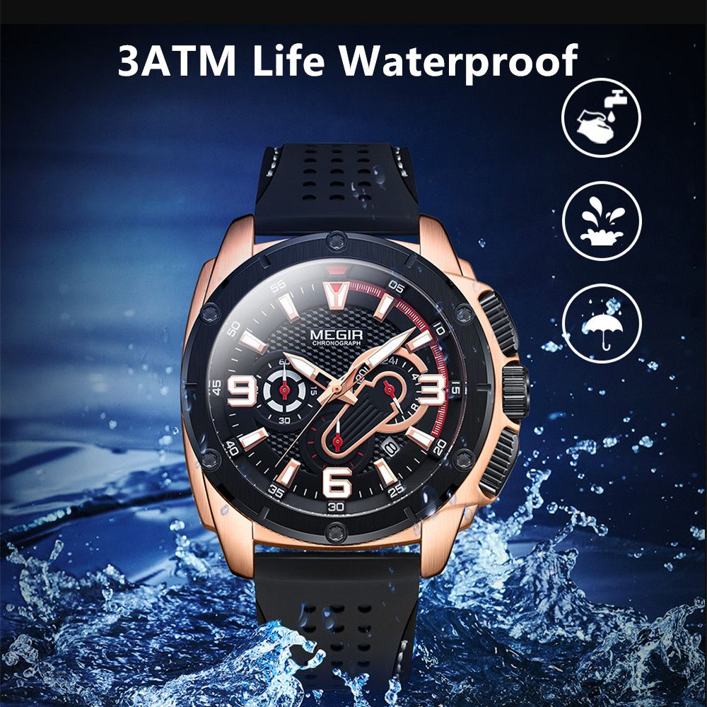 MEGIR 2147 men's chronograph watch water-resistance graphic, rose-gold case with black dial and silicone strap