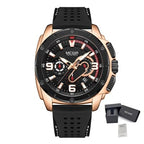 MEGIR 2147 men's chronograph watch, rose-gold case with black dial and black silicone strap, with gift box