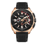 MEGIR 2147 men's chronograph watch, rose-gold case with black dial and black silicone strap, front studio view