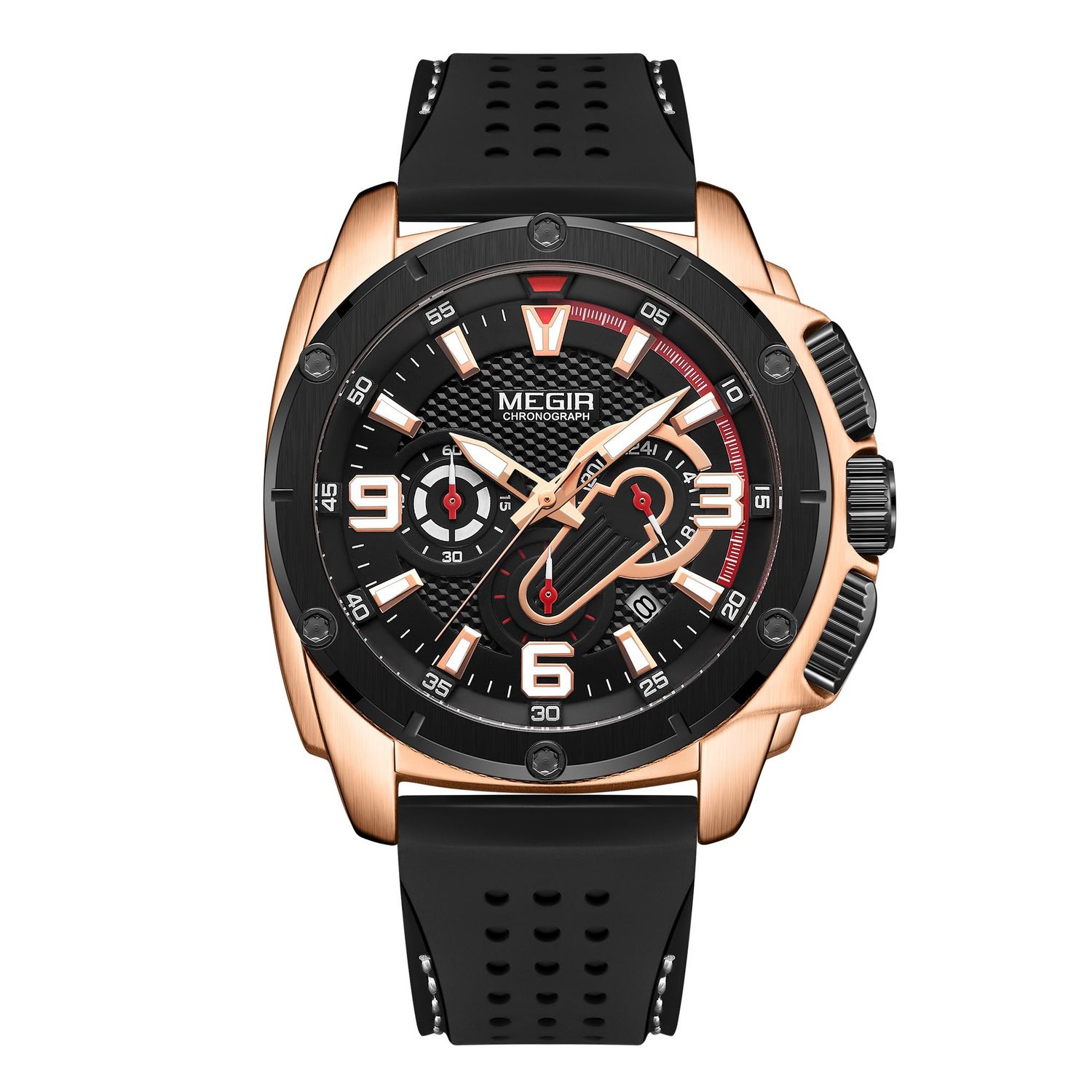 MEGIR 2147 men's chronograph watch, rose-gold case with black dial and black silicone strap, front studio view