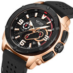 MEGIR 2147 men's chronograph watch, rose-gold case with black dial and black silicone strap, three-quarter view