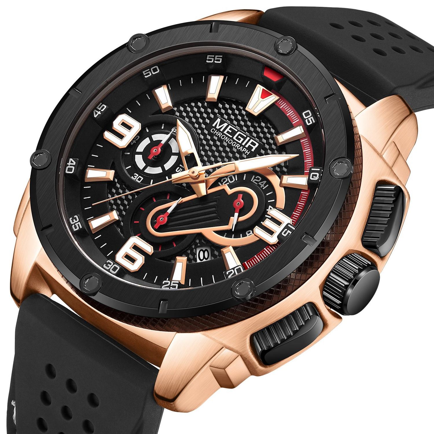 MEGIR 2147 men's chronograph watch, rose-gold case with black dial and black silicone strap, three-quarter view