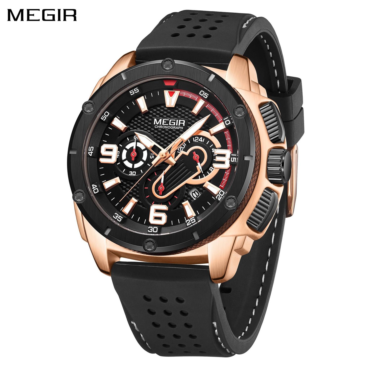 MEGIR 2147 men's chronograph watch, rose-gold case with black dial and black silicone strap, angled view