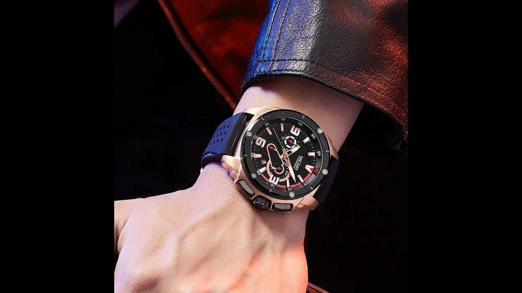 MEGIR 2147 men's chronograph watch on the wrist, rose-gold case with black dial and black silicone strap, close-up