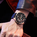 MEGIR 2147 men's chronograph watch on the wrist, rose-gold case with black dial and black silicone strap