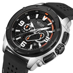 MEGIR 2147 men's chronograph watch, silver case with black dial and black silicone strap, angled view