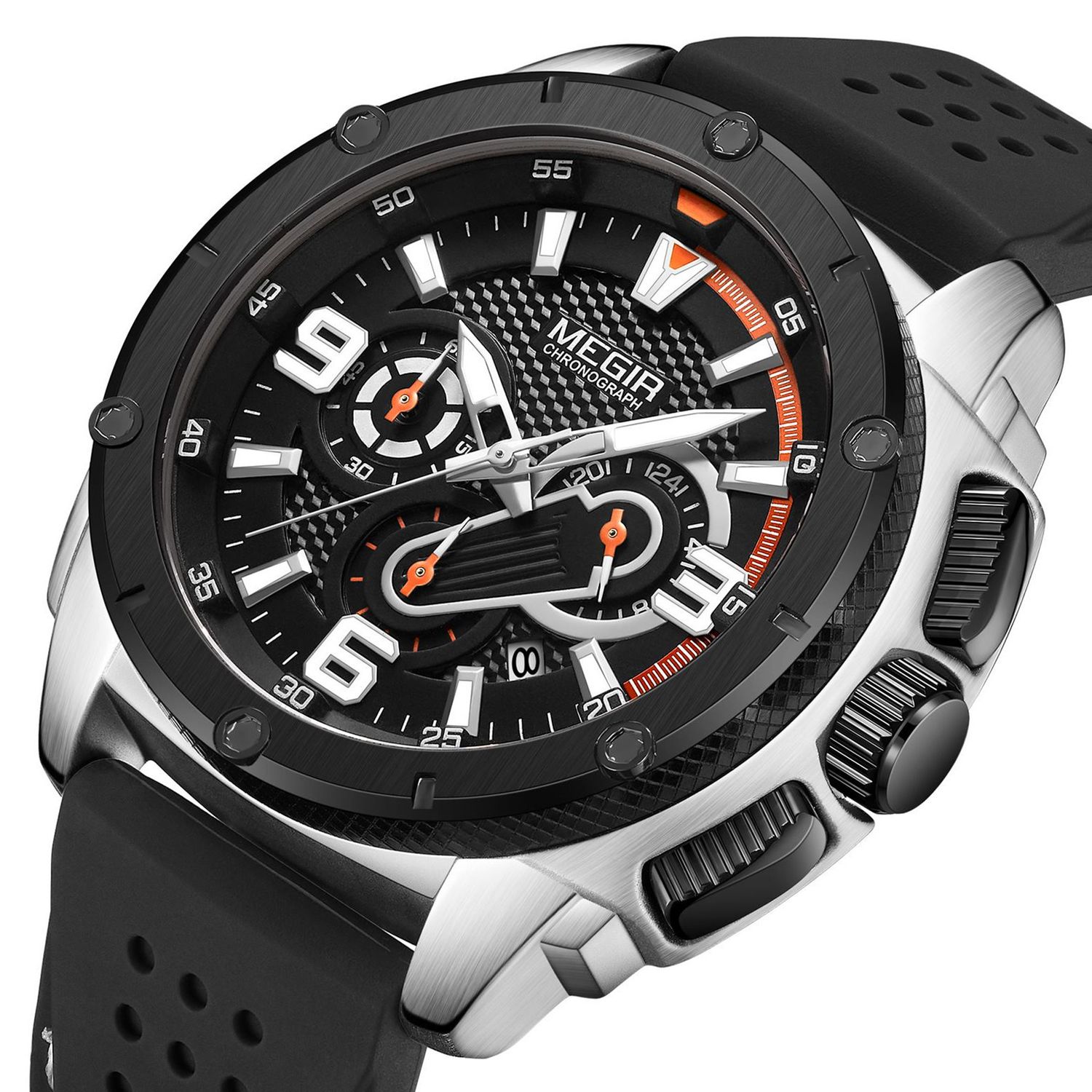 MEGIR 2147 men's chronograph watch, silver case with black dial and black silicone strap, angled view