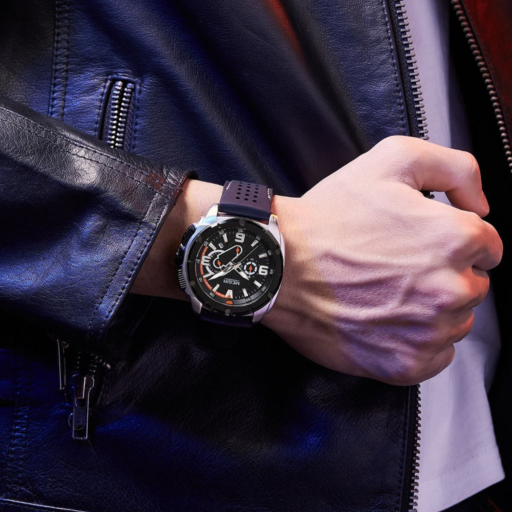 MEGIR 2147 men's chronograph watch on the wrist, silver case with black dial and black silicone strap