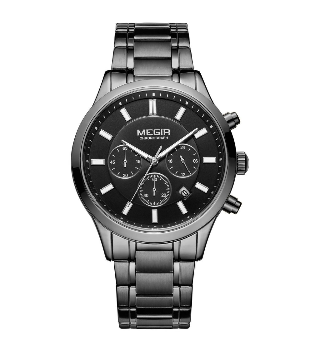MEGIR 2150 men's chronograph watch, black case with black dial and black steel bracelet, front studio view