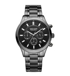 MEGIR 2150 men's chronograph watch, black case with black dial and black steel bracelet, front studio view