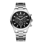 MEGIR 2150 men's chronograph watch, silver case with black dial and stainless steel bracelet, front studio view
