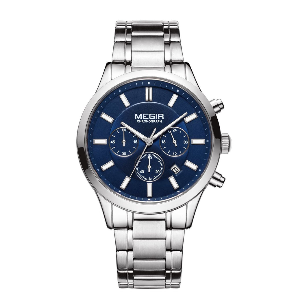 MEGIR 2150 men's chronograph watch, silver case with blue dial and stainless steel bracelet, front studio view