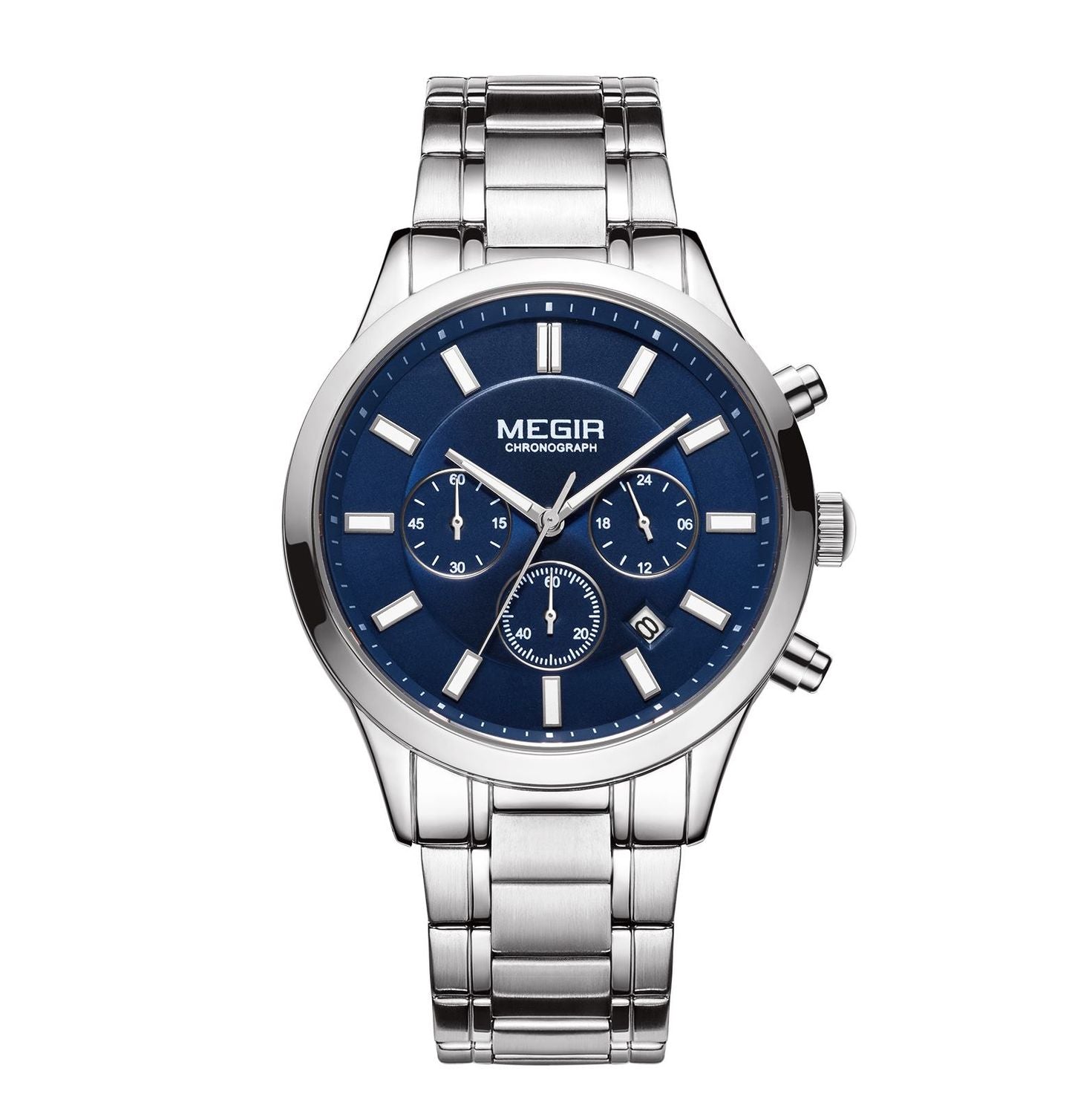 MEGIR 2150 men's chronograph watch, silver case with blue dial and stainless steel bracelet, front studio view