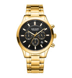MEGIR 2150 men's chronograph watch, gold case with black dial and gold bracelet, front studio view