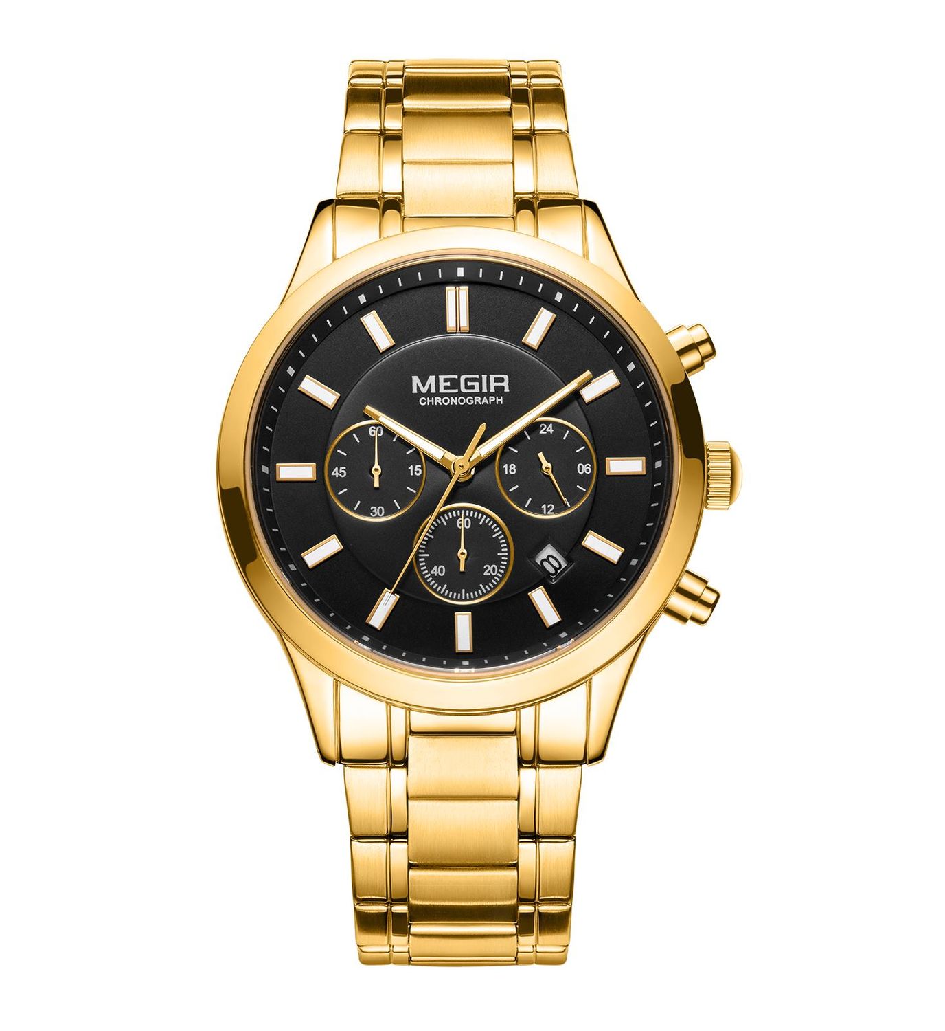MEGIR 2150 men's chronograph watch, gold case with black dial and gold bracelet, front studio view