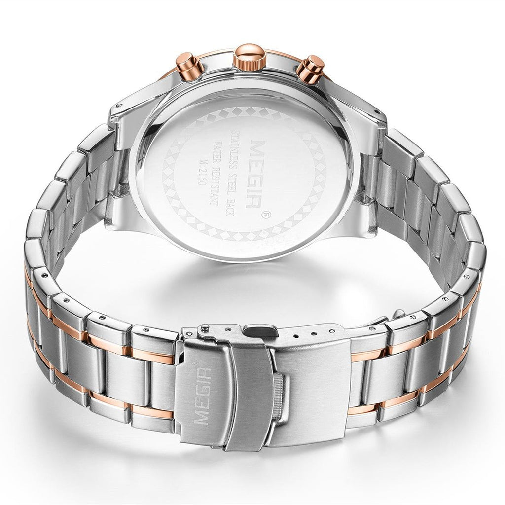 MEGIR 2150 men's chronograph watch caseback with engravings and two-tone steel bracelet with clasp