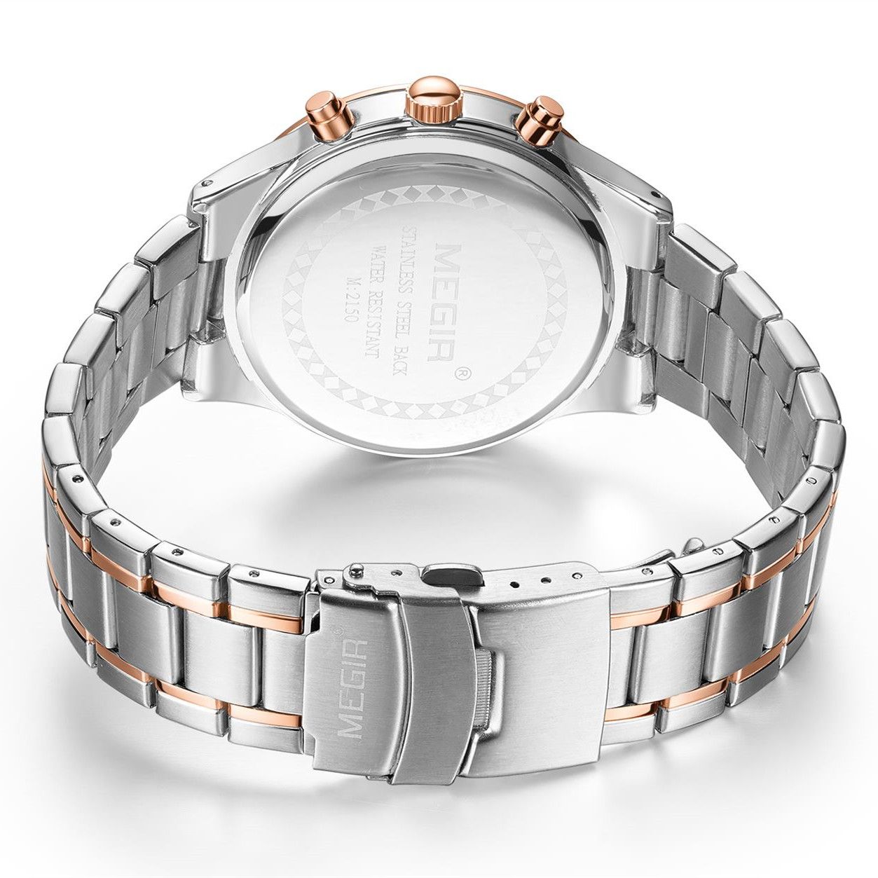 MEGIR 2150 men's chronograph watch caseback with engravings and two-tone steel bracelet with clasp