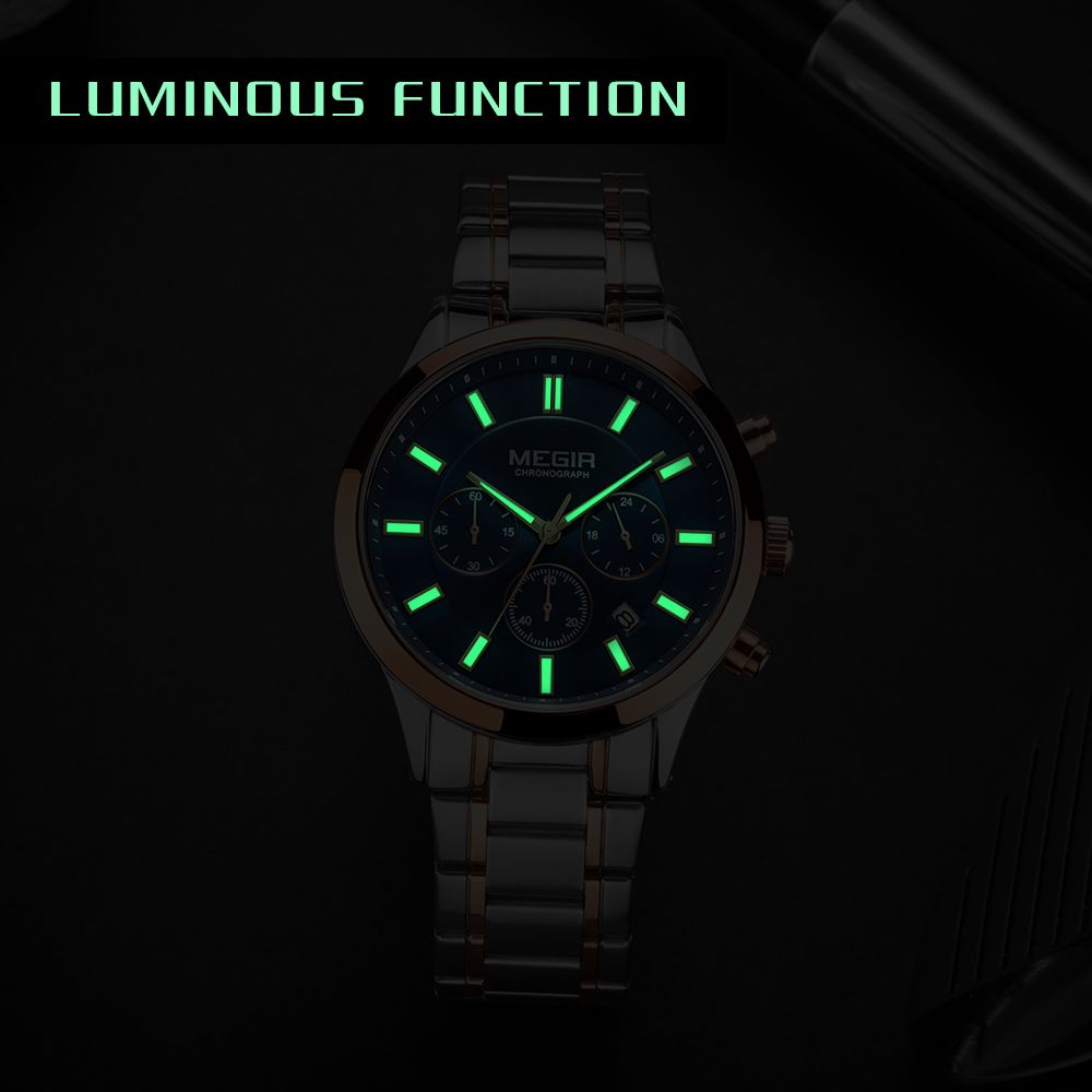 MEGIR 2150 men's chronograph watch feature graphic showing luminous hands and markers glowing in the dark