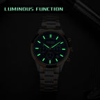 MEGIR 2150 men's chronograph watch feature graphic showing luminous hands and markers glowing in the dark