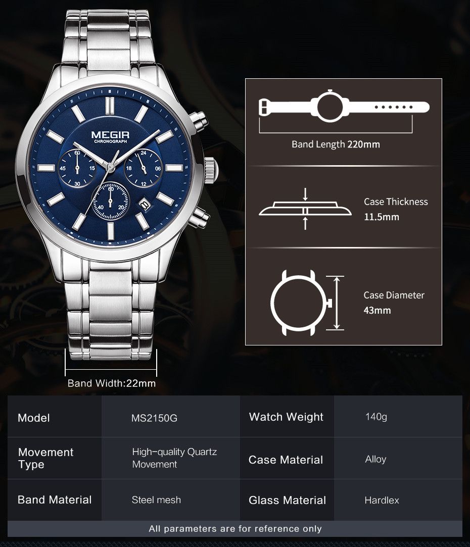 MEGIR 2150 men's chronograph watch parameters graphic with band length, case thickness and diameter