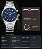 MEGIR 2150 men's chronograph watch parameters graphic with band length, case thickness and diameter