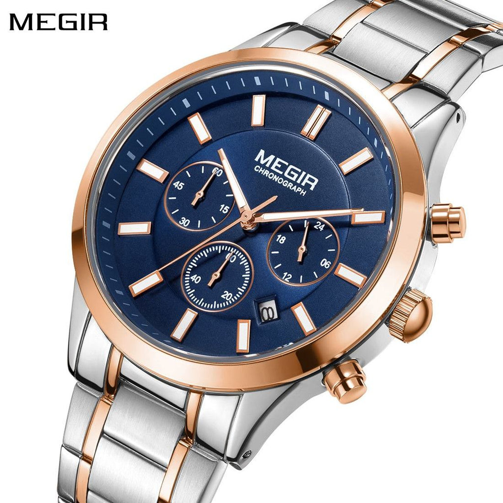 MEGIR 2150 men's chronograph watch, rose-gold and silver case with blue dial and two-tone steel bracelet, front view