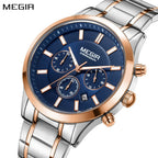 MEGIR 2150 men's chronograph watch, rose-gold and silver case with blue dial and two-tone steel bracelet, front view