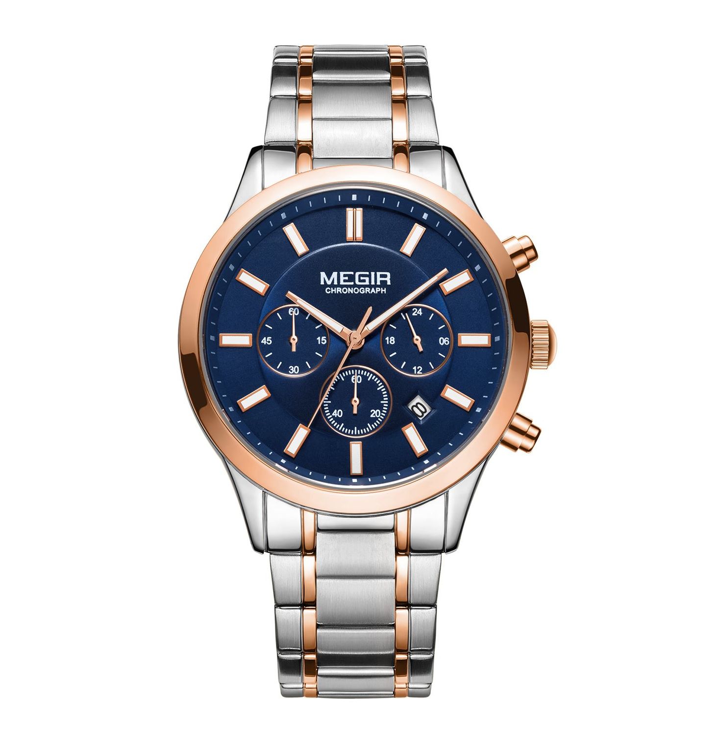 MEGIR 2150 men's chronograph watch, rose-gold and silver case with blue dial and two-tone steel bracelet, front studio view